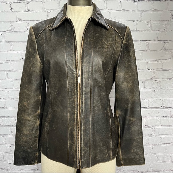 Vintage Valerie Stevens Zip Up Leather Jacket Fully Lined Distressed Brown Sz S - Picture 1 of 14